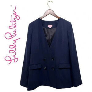 Lilly Pulitzer Blazer Collarless Staple Navy Blue Bussiness Career Jacket Size 0